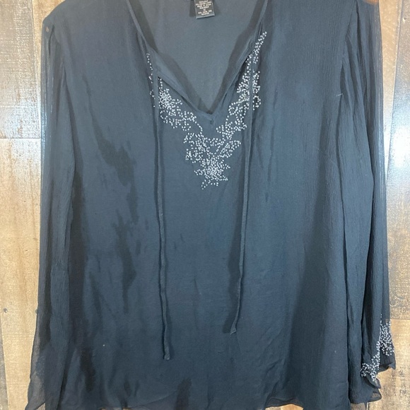 Anne Carson Tops - Anne Carson Black Silk Sheer Black Beaded Long Sleeve Blouse W/ Lining‎ Size 1X
